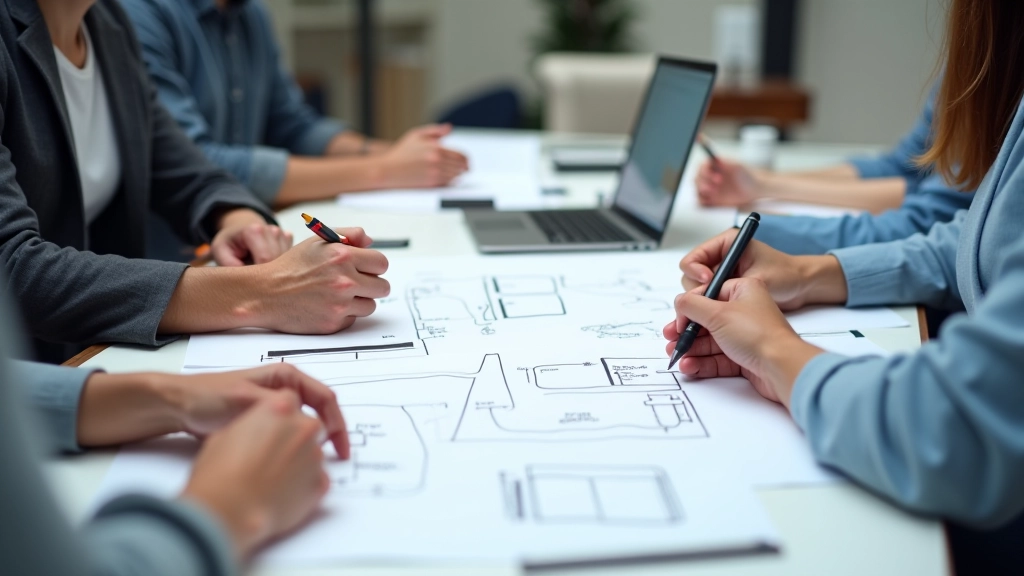 Team reviewing navigation wireframes and user flow diagrams